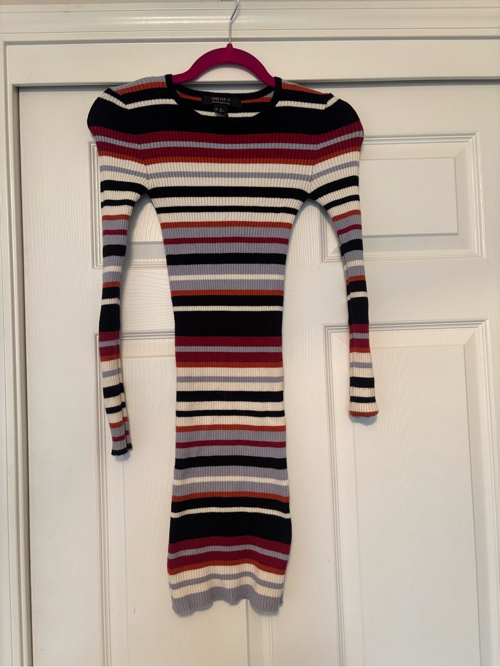 Forever 21 Ribbed Long Sleeve Striped Bodycon Dress - Black, White, Red, Gray